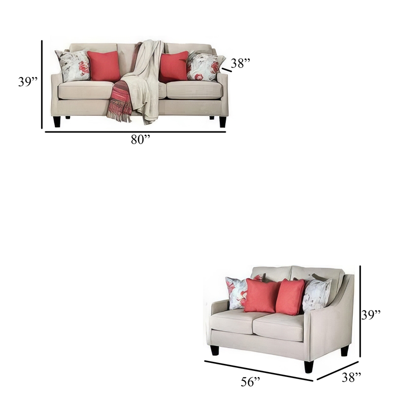 Benjara Cairn 2pc Sofa Loveseat Set- Ivory Chenille- Linen- 8 Accent Pillows