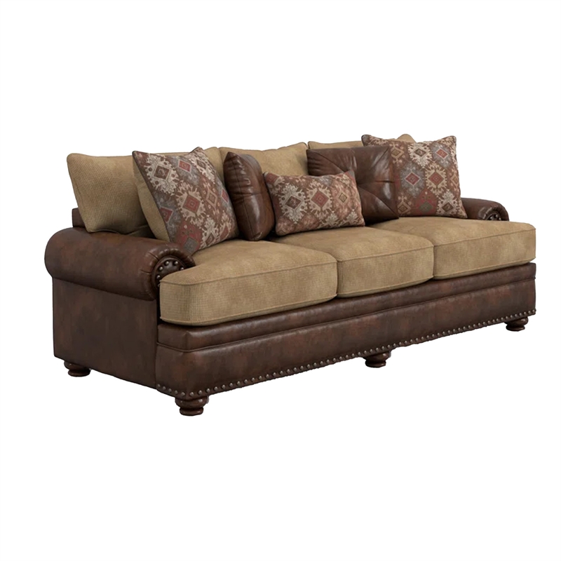 Benjara Flet 2pc Sofa Loveseat Set- Brown Chenille- Faux Leather- 8 Pillows