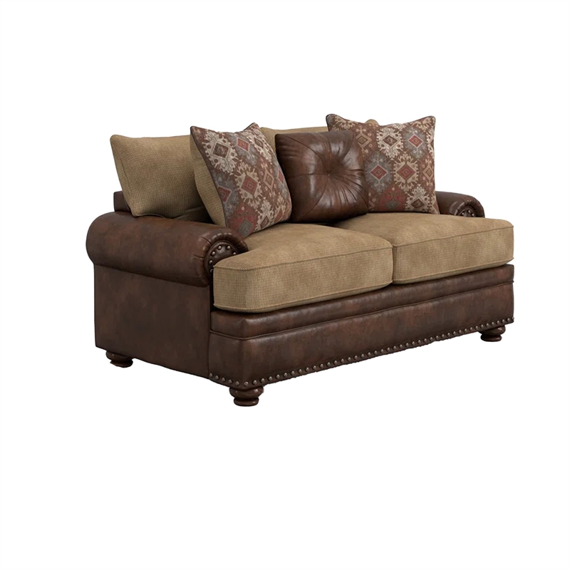 Benjara Flet 2pc Sofa Loveseat Set- Brown Chenille- Faux Leather- 8 Pillows