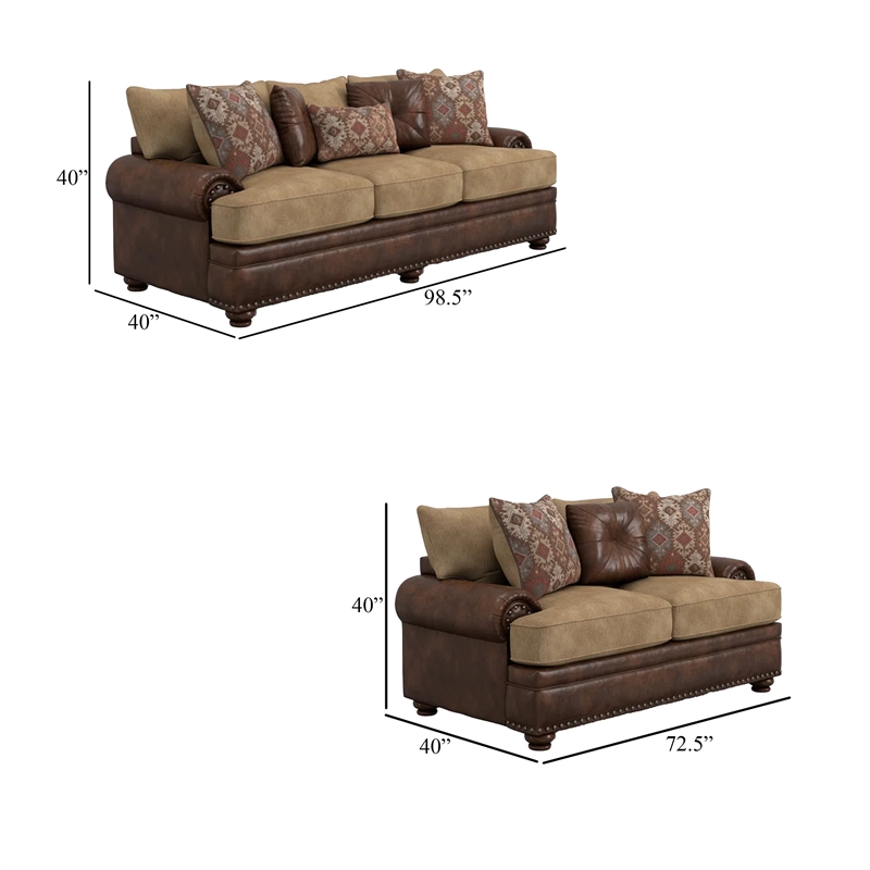 Benjara Flet 2pc Sofa Loveseat Set- Brown Chenille- Faux Leather- 8 Pillows