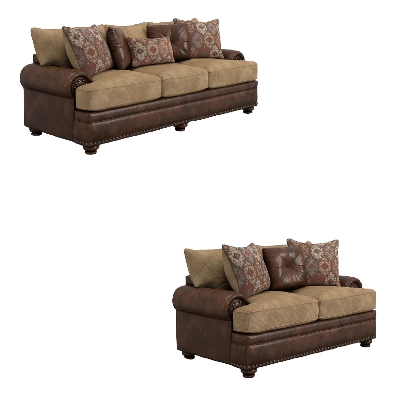 Benjara Flet 2pc Sofa Loveseat Set- Brown Chenille- Faux Leather- 8 Pillows