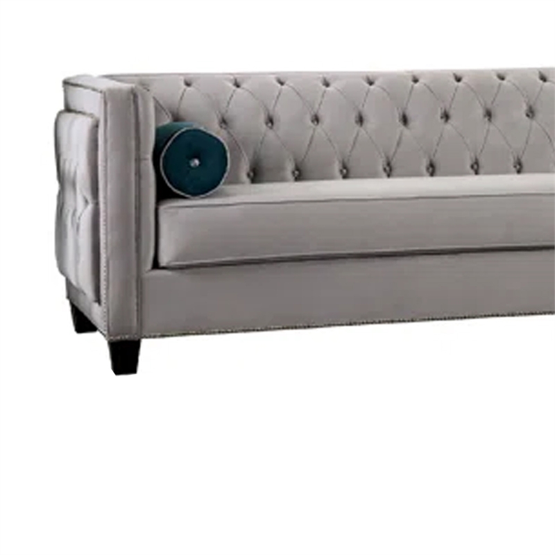 Benjara Silva Sofa Loveseat Set- 4 Lumbar Pillows- Gray Tufted Faux Velvet