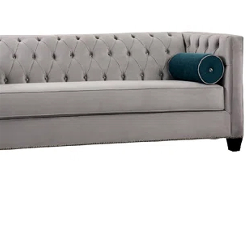 Benjara Silva Sofa Loveseat Set- 4 Lumbar Pillows- Gray Tufted Faux Velvet