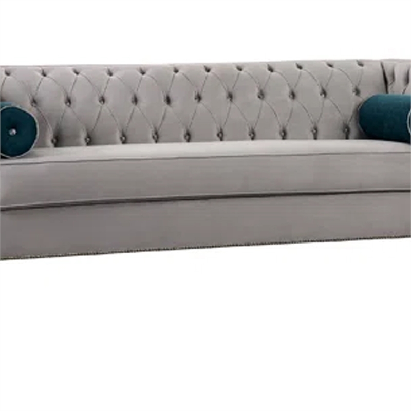 Benjara Silva Sofa Loveseat Set- 4 Lumbar Pillows- Gray Tufted Faux Velvet