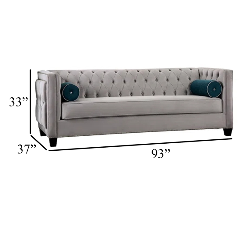 Benjara Silva Sofa Loveseat Set- 4 Lumbar Pillows- Gray Tufted Faux Velvet