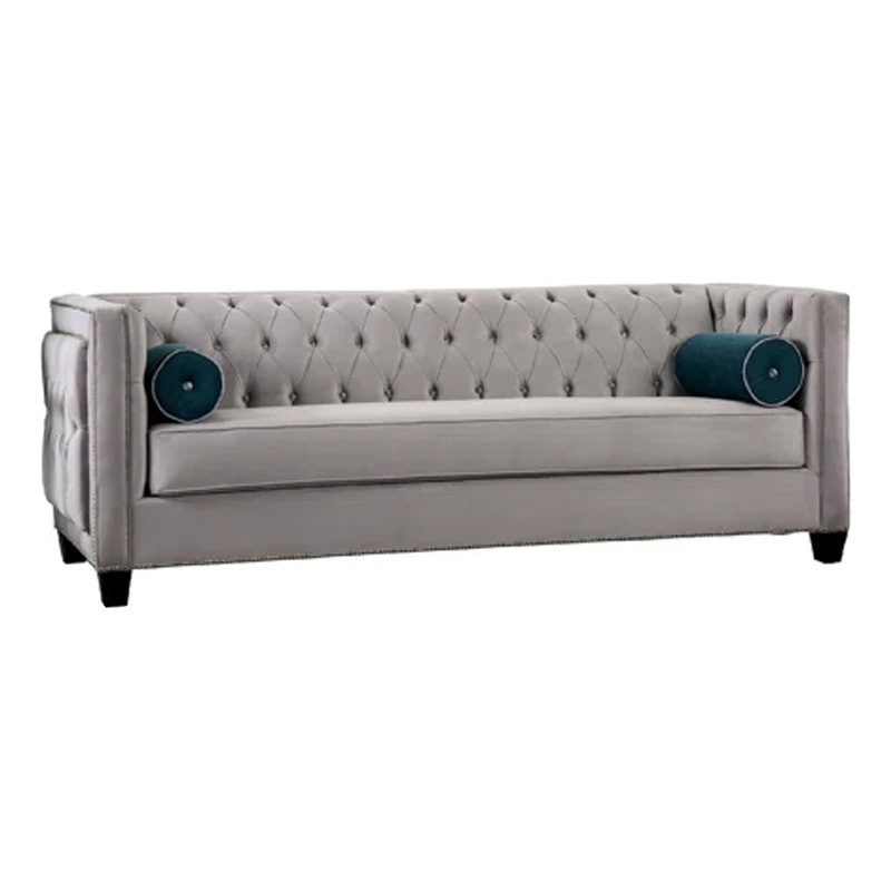 Benjara Silva Sofa Loveseat Set- 4 Lumbar Pillows- Gray Tufted Faux Velvet
