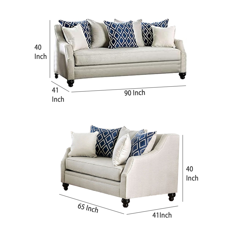 Benjara Efyn Sofa and Loveseat Set- Loose Pillow Back- Rich Ivory Burlap Weave