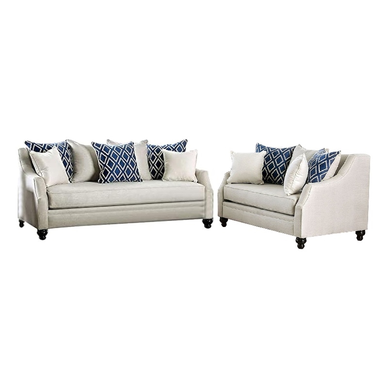 Benjara Efyn Sofa and Loveseat Set- Loose Pillow Back- Rich Ivory Burlap Weave
