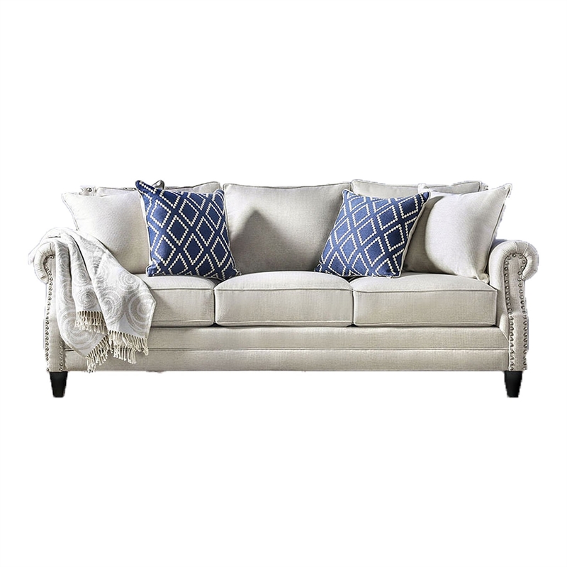 Benjara Vanni Sofa and Loveseat Set with Rolled Arms- Beige Blue Faux Linen