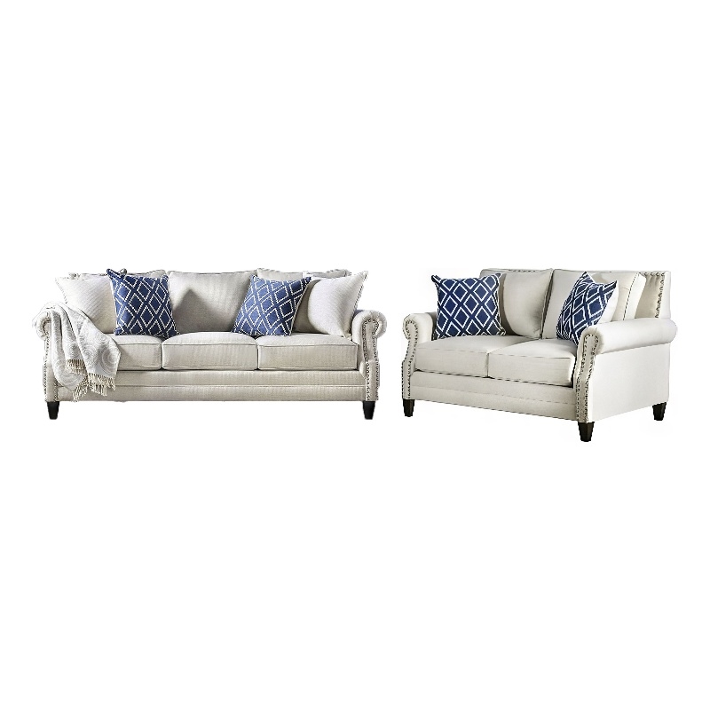 Benjara Vanni Sofa and Loveseat Set with Rolled Arms- Beige Blue Faux Linen