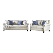 Benjara Vanni Sofa and Loveseat Set with Rolled Arms- Beige Blue Faux Linen