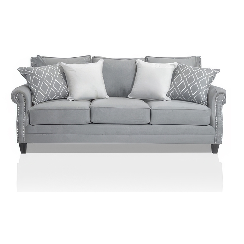 Benjara Vanni Sofa and Loveseat Set- 6 Accent Throw Pillows- Gray Faux Linen