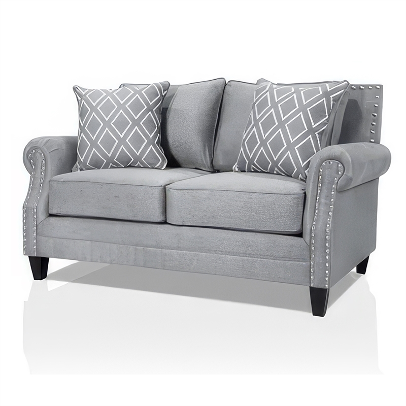 Benjara Vanni Sofa and Loveseat Set- 6 Accent Throw Pillows- Gray Faux Linen