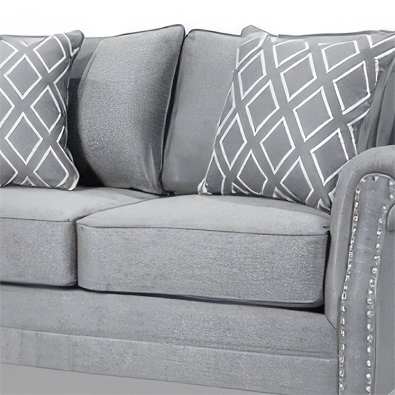 Benjara Vanni Sofa and Loveseat Set- 6 Accent Throw Pillows- Gray Faux Linen