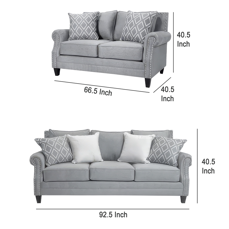 Benjara Vanni Sofa and Loveseat Set- 6 Accent Throw Pillows- Gray Faux Linen