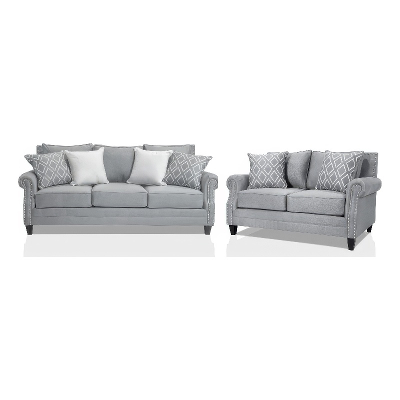 Benjara Vanni Sofa and Loveseat Set- 6 Accent Throw Pillows- Gray Faux Linen