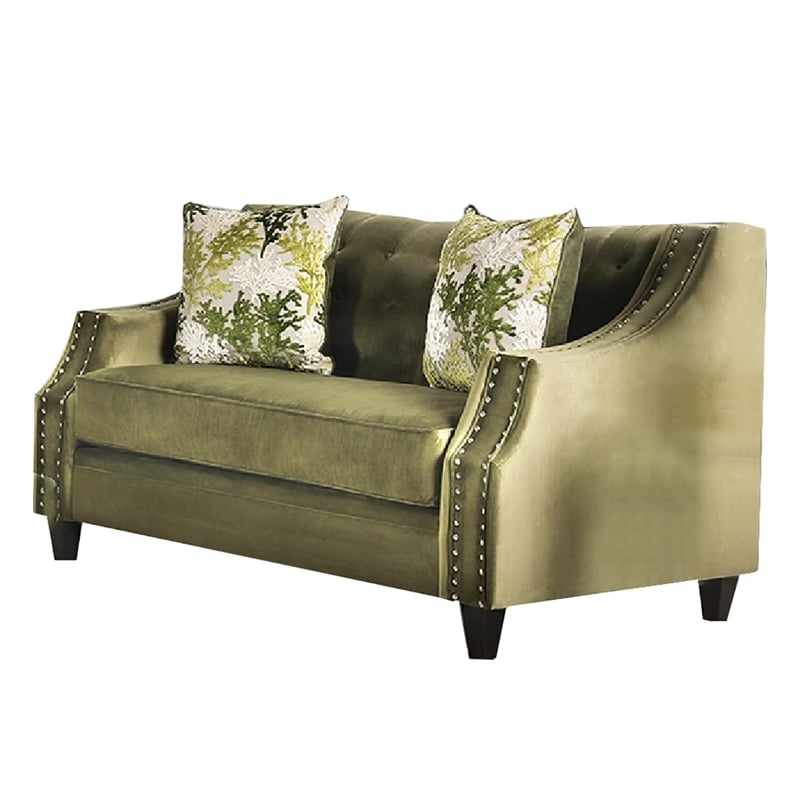 Benjara Syna Sofa and Loveseat Set- Bench Style Seat- Green Tufted Microfiber