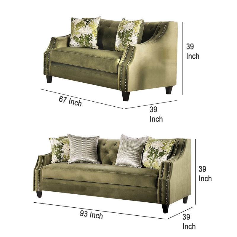 Benjara Syna Sofa and Loveseat Set- Bench Style Seat- Green Tufted Microfiber
