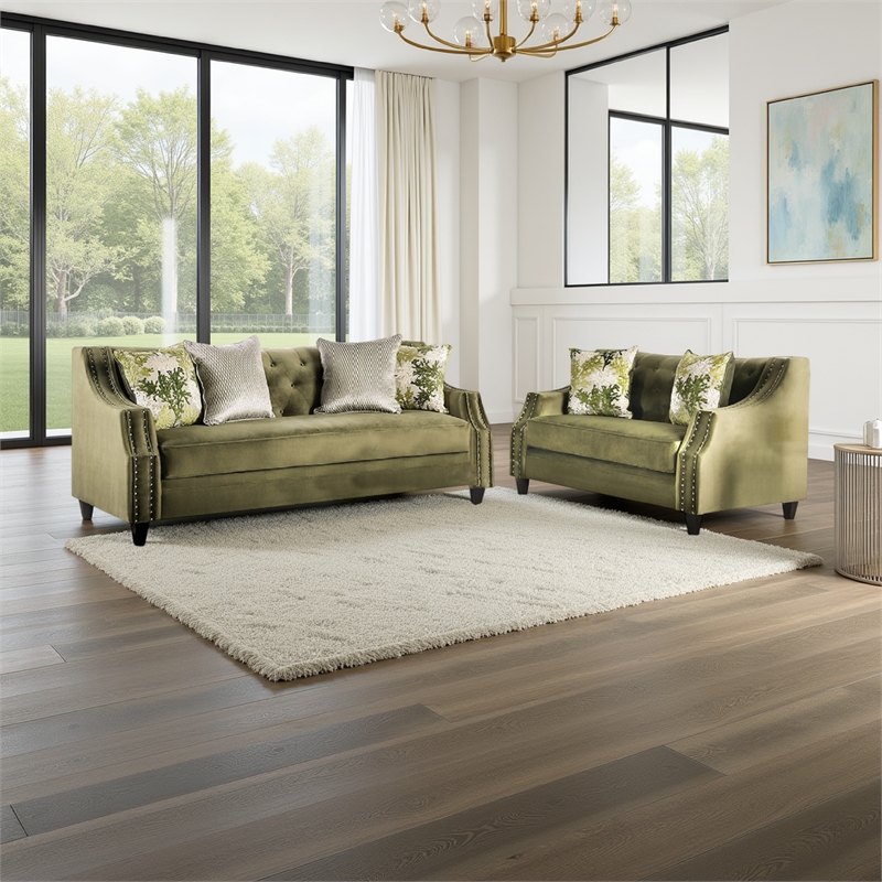 Benjara Syna Sofa and Loveseat Set- Bench Style Seat- Green Tufted Microfiber