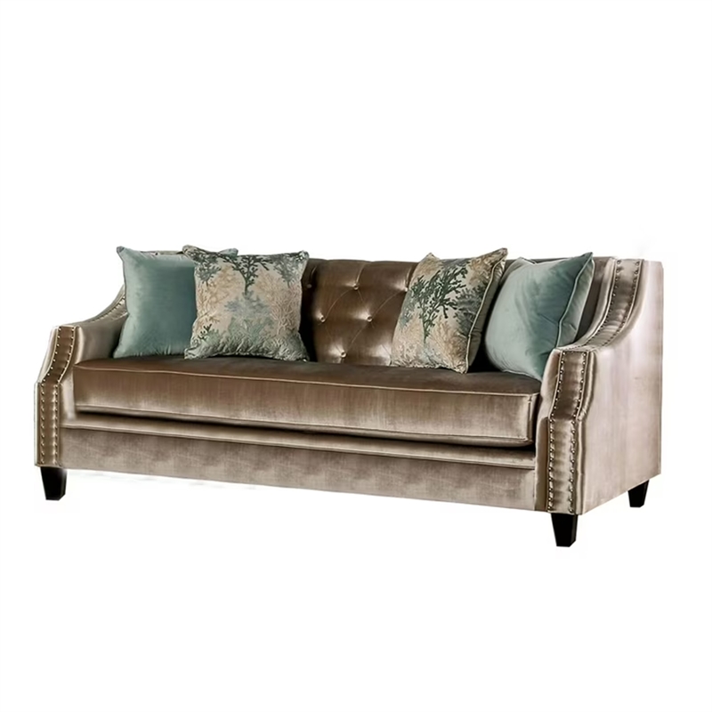Benjara Enny Sofa and Loveseat Set- Bench Style- Champagne Turquoise Chenille