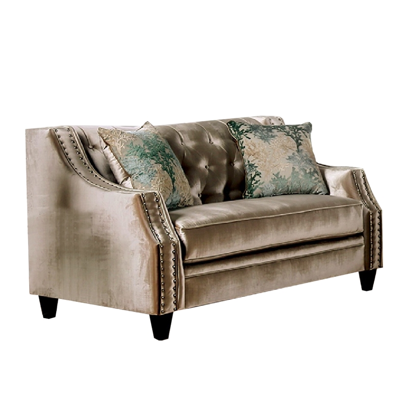 Benjara Enny Sofa and Loveseat Set- Bench Style- Champagne Turquoise Chenille