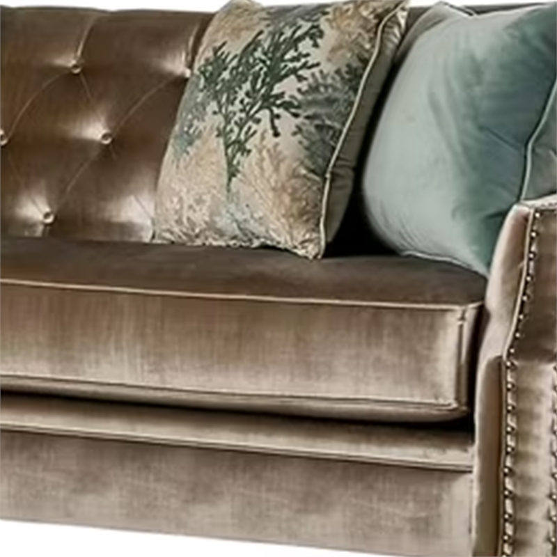 Benjara Enny Sofa and Loveseat Set- Bench Style- Champagne Turquoise Chenille