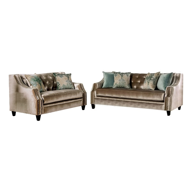 Benjara Enny Sofa and Loveseat Set- Bench Style- Champagne Turquoise Chenille
