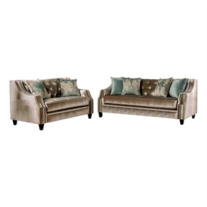 Benjara Enny Sofa and Loveseat Set- Bench Style- Champagne Turquoise Chenille