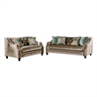 Benjara Enny Sofa and Loveseat Set- Bench Style- Champagne Turquoise Chenille