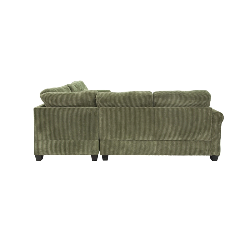 Benjara Fero 4pc L Sectional Sofa- Wedge n Ottoman Set- Sage Green Corduroy