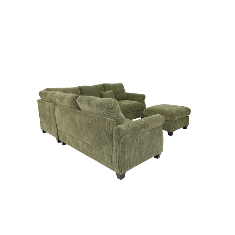 Benjara Fero 4pc L Sectional Sofa- Wedge n Ottoman Set- Sage Green Corduroy