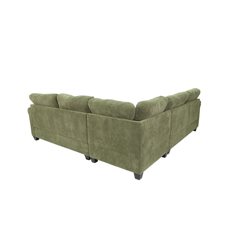 Benjara Fero 4pc L Sectional Sofa- Wedge n Ottoman Set- Sage Green Corduroy