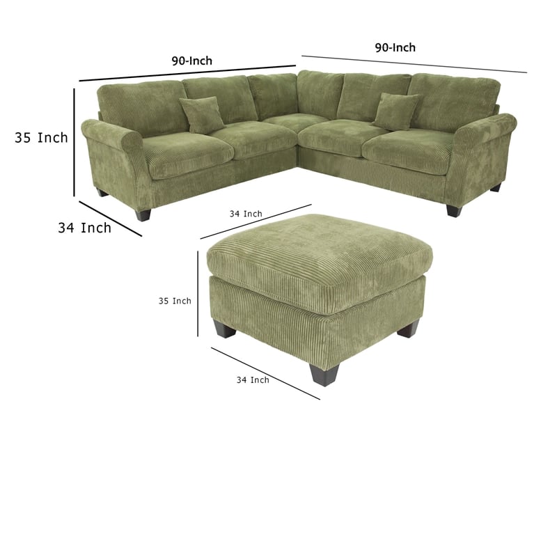 Benjara Fero 4pc L Sectional Sofa- Wedge n Ottoman Set- Sage Green Corduroy