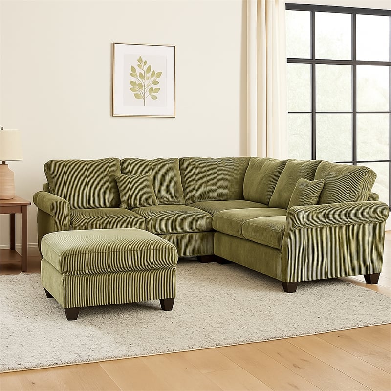 Benjara Fero 4pc L Sectional Sofa- Wedge n Ottoman Set- Sage Green Corduroy