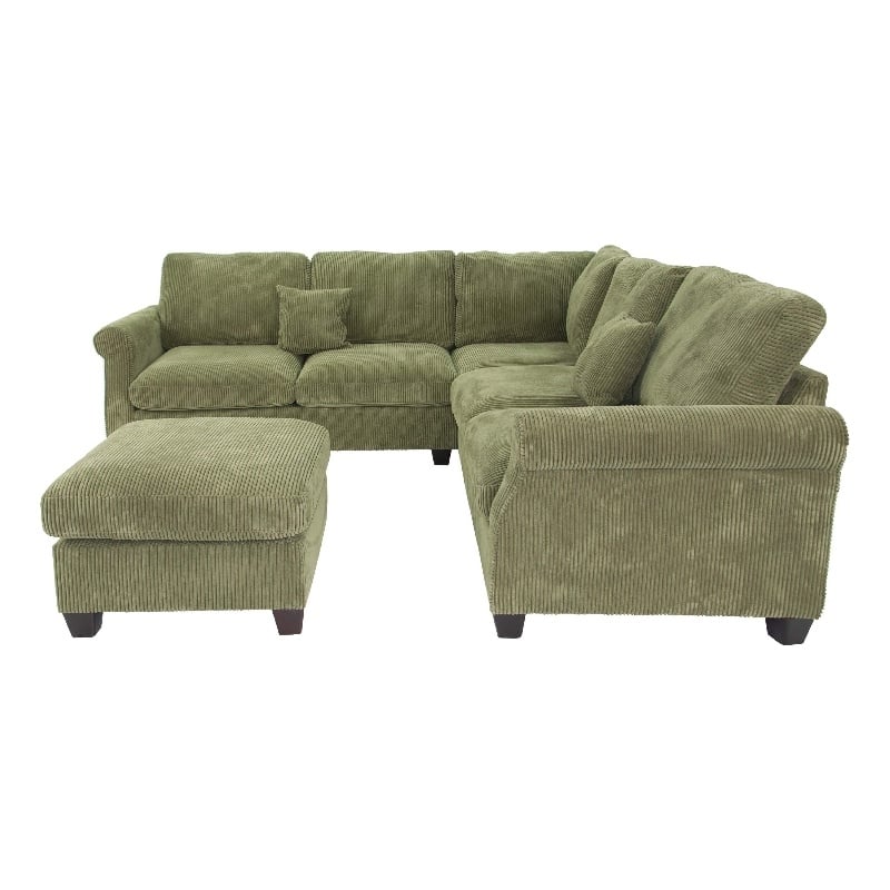 Benjara Fero 4pc L Sectional Sofa- Wedge n Ottoman Set- Sage Green Corduroy