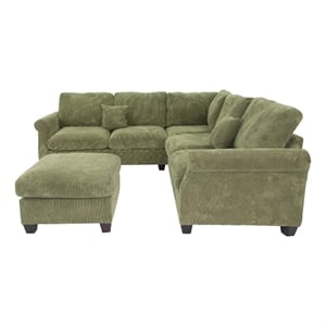 Benjara Fero 4pc L Sectional Sofa- Wedge n Ottoman Set- Sage Green Corduroy