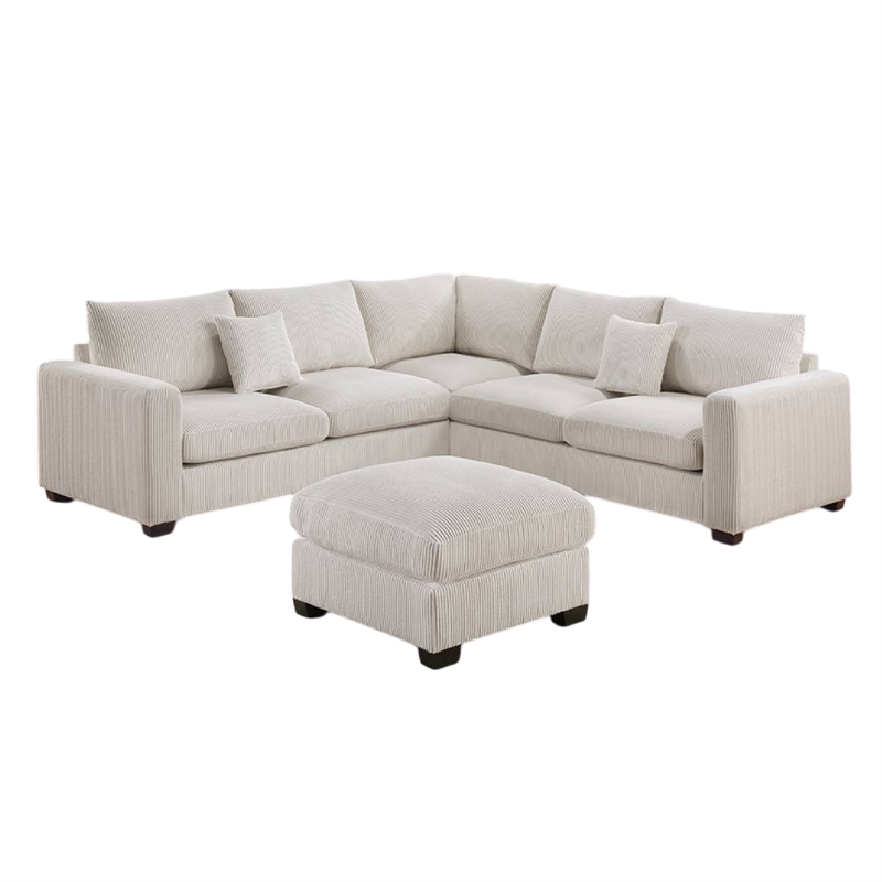 Benjara Rey 4pc L Sectional Sofa Set- 2 Accent Pillows- Ivory Corduroy Fabric