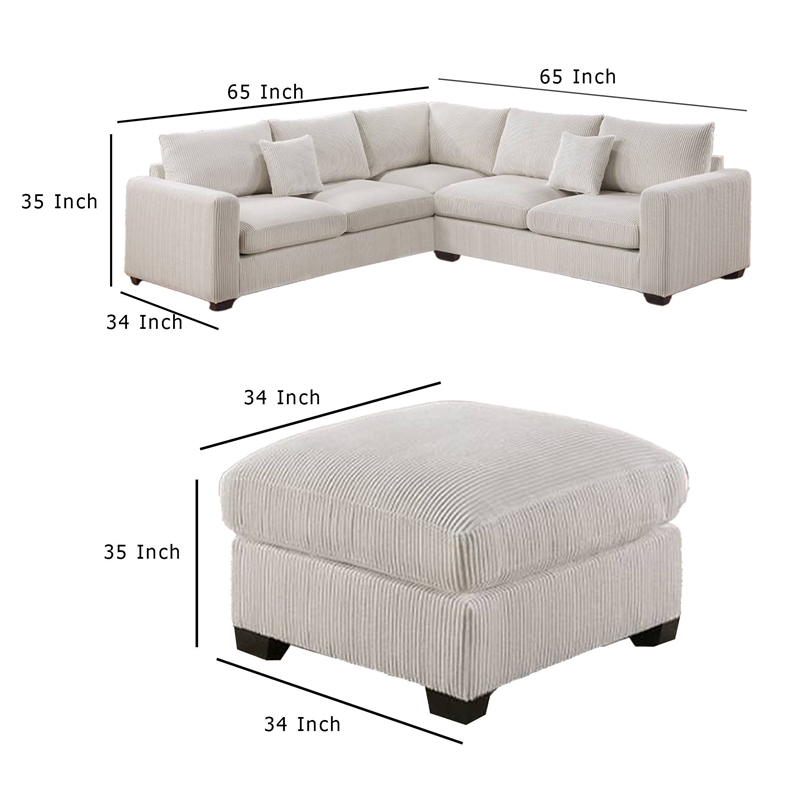Benjara Rey 4pc L Sectional Sofa Set- 2 Accent Pillows- Ivory Corduroy Fabric