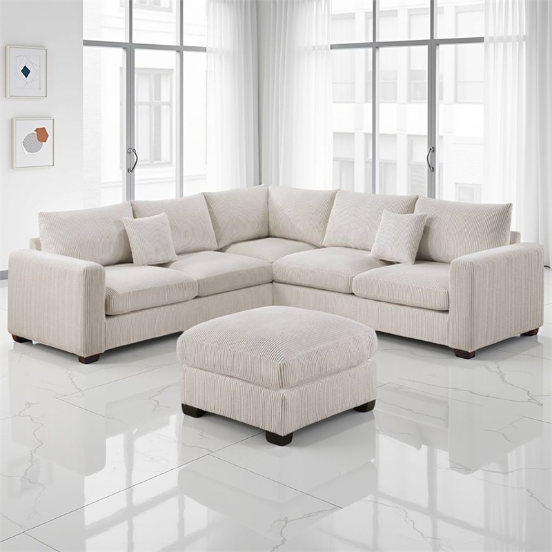 Benjara Rey 4pc L Sectional Sofa Set- 2 Accent Pillows- Ivory Corduroy Fabric