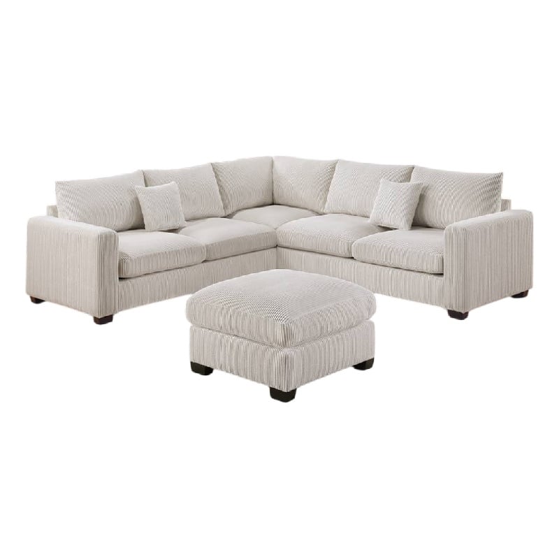 Benjara Rey 4pc L Sectional Sofa Set- 2 Accent Pillows- Ivory Corduroy Fabric
