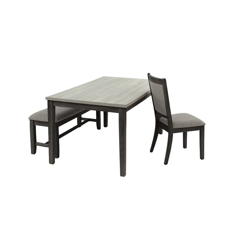 Benjara 6pc Dining Table 4 Chairs and Bench Set- Gray and Black Rubberwood