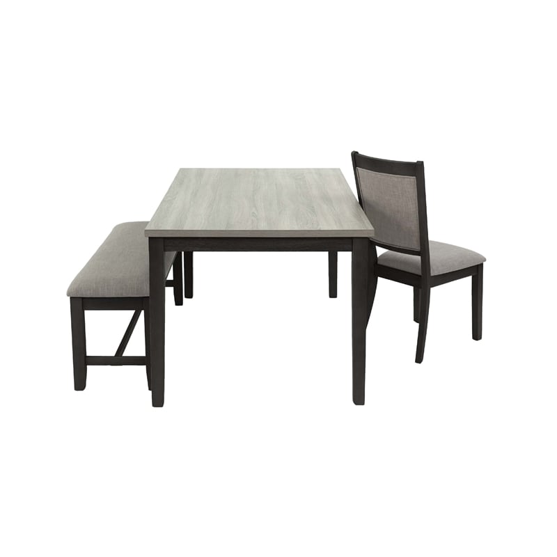 Benjara 6pc Dining Table 4 Chairs and Bench Set- Gray and Black Rubberwood