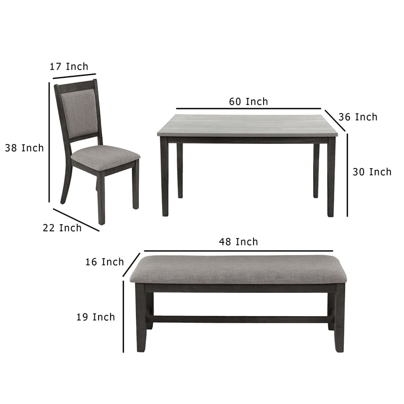 Benjara 6pc Dining Table 4 Chairs and Bench Set- Gray and Black Rubberwood