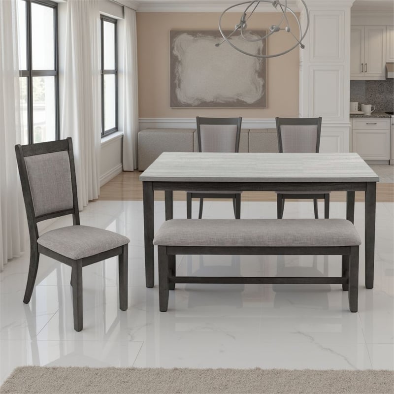 Benjara 6pc Dining Table 4 Chairs and Bench Set- Gray and Black Rubberwood