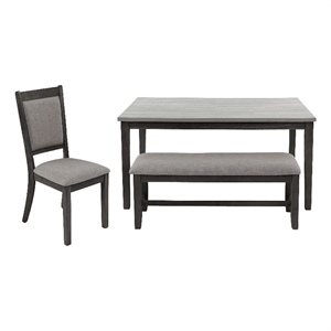 Benjara 6pc Dining Table 4 Chairs and Bench Set- Gray and Black Rubberwood
