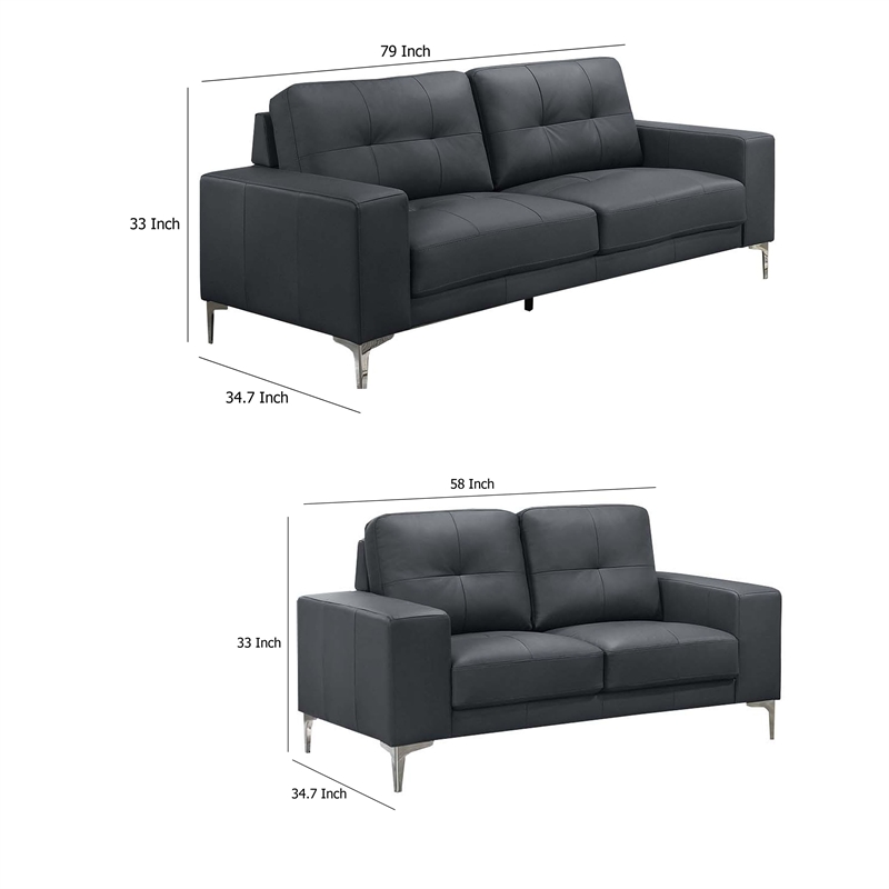 Benjara Moa 2pc Loveseat n Sofa Set- Modern Chrome Legs- Black Full Leather