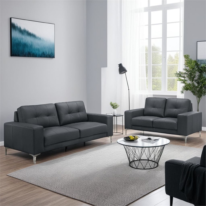 Benjara Moa 2pc Loveseat n Sofa Set- Modern Chrome Legs- Black Full Leather