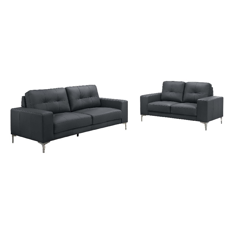 Benjara Moa 2pc Loveseat n Sofa Set- Modern Chrome Legs- Black Full Leather