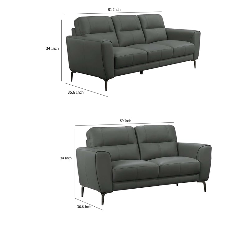 Benjara Hena 2pc Sofa and Loveseat Set- Black/Anthracite Gray Full Leather