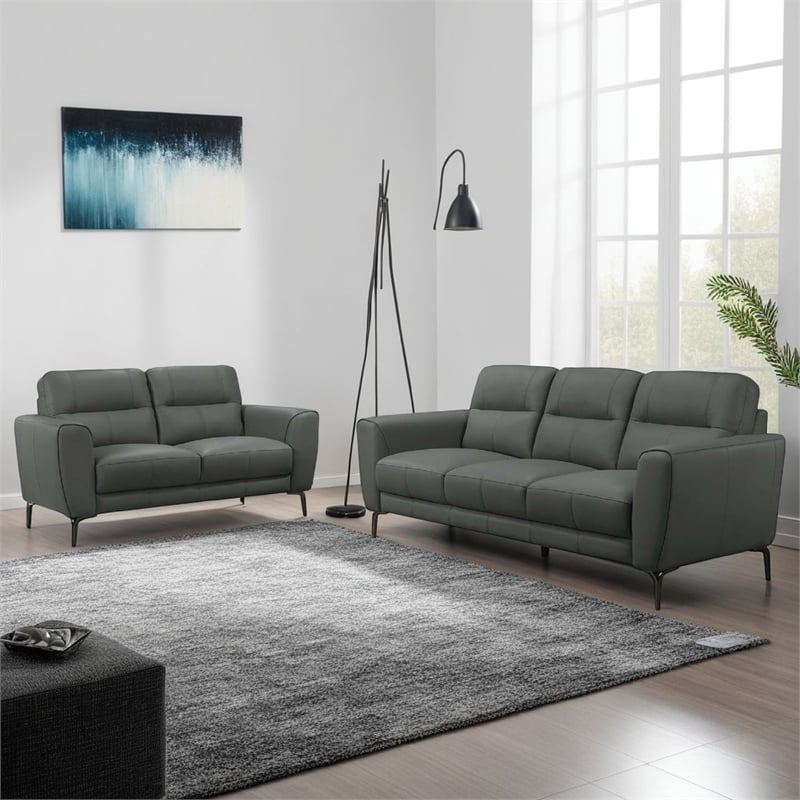 Benjara Hena 2pc Sofa and Loveseat Set- Black/Anthracite Gray Full Leather